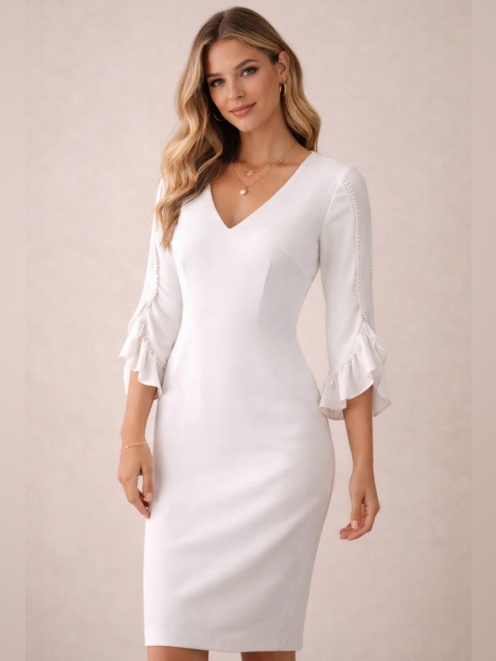 NWOT Calvin Klein White Midi V-Neck Dress with Ruffle Bell Sleeves
